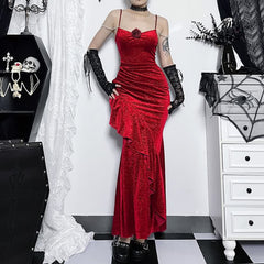 Red Gothic Velvet Ruffle Maxi Dress