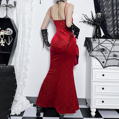 Red Gothic Velvet Ruffle Maxi Dress