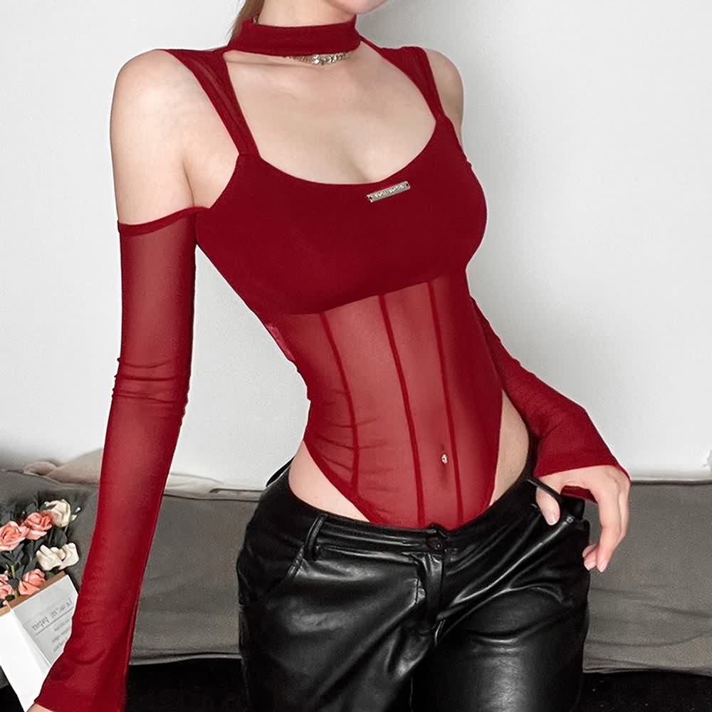 Red Mesh Open Shoulder Long Sleeve High Cut Bodysuit