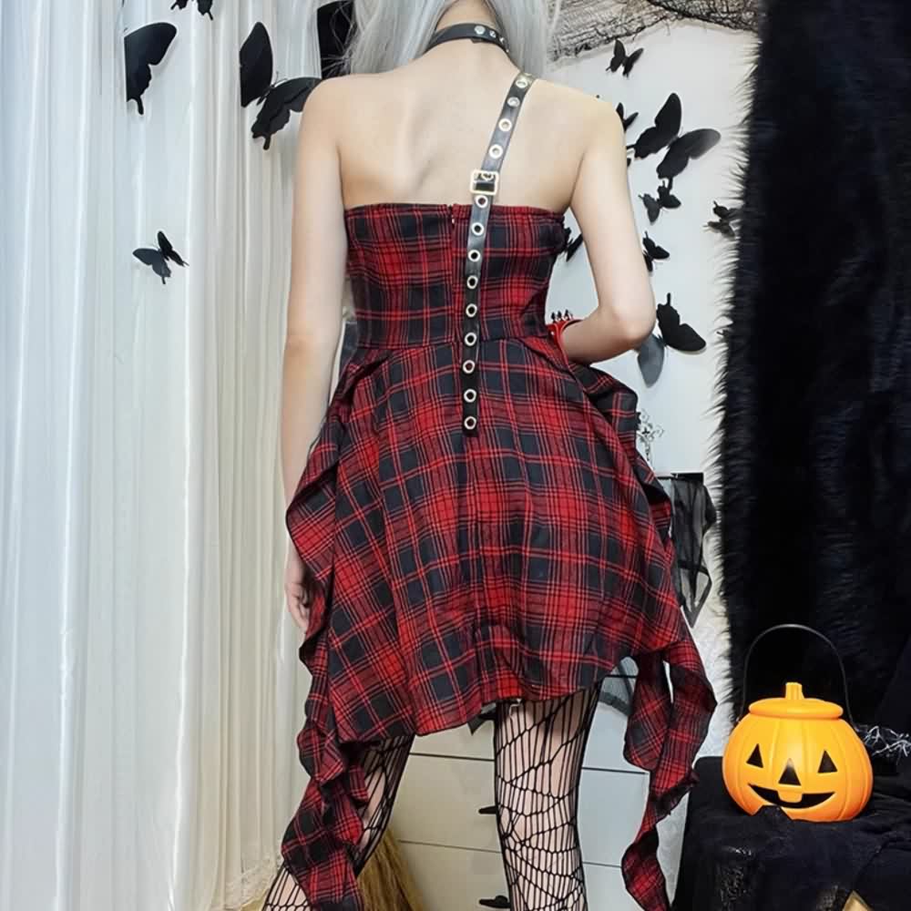 Red Plaid Gothic Punk Asymmetrical Tiered Dress
