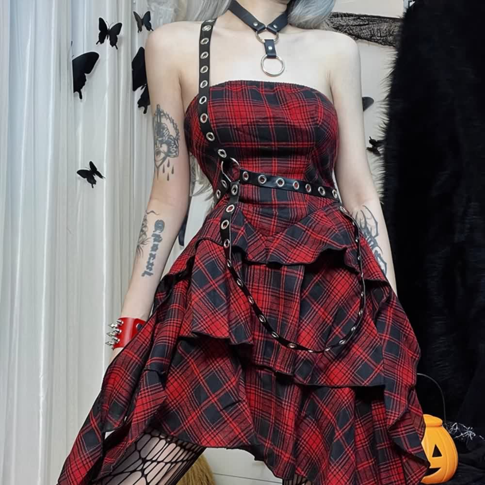 Red Plaid Gothic Punk Asymmetrical Tiered Dress