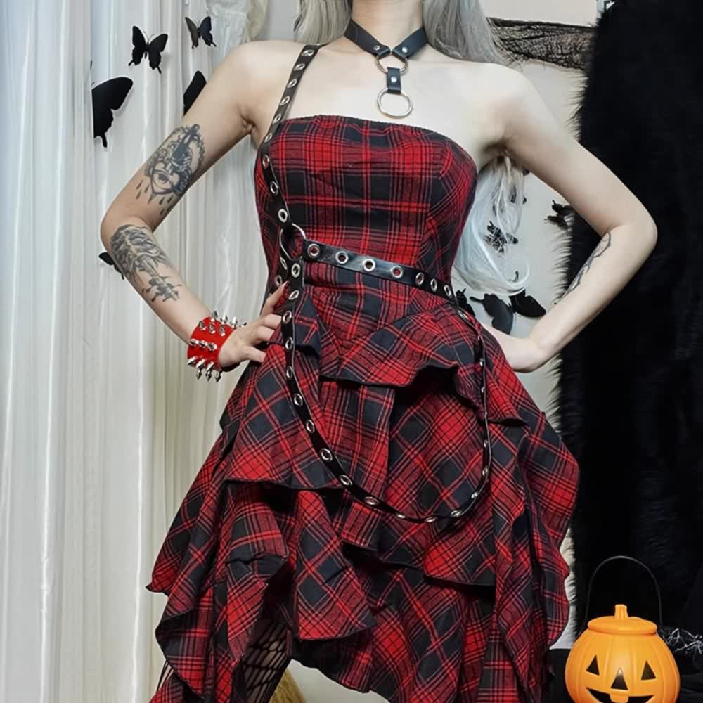 Red Plaid Gothic Punk Asymmetrical Tiered Dress
