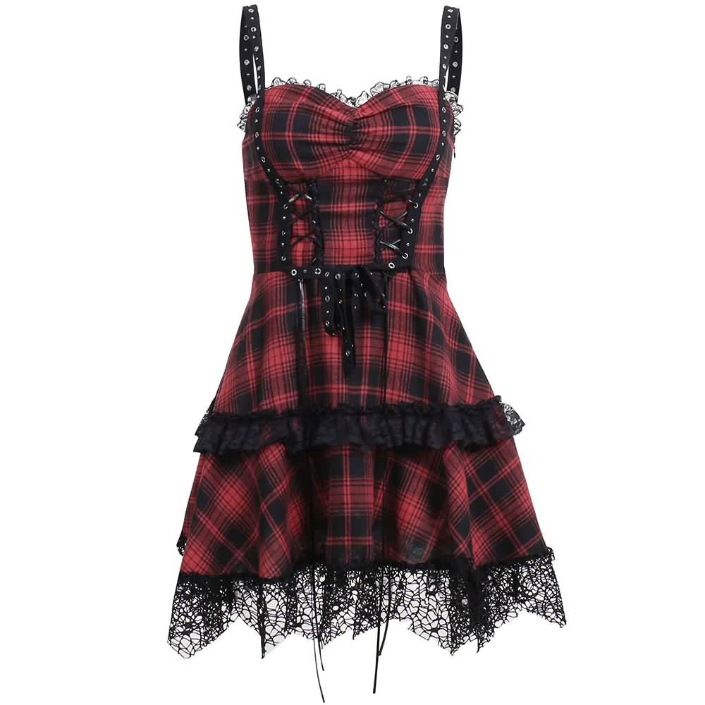 Red Plaid Gothic Punk Tiered Mini Dress