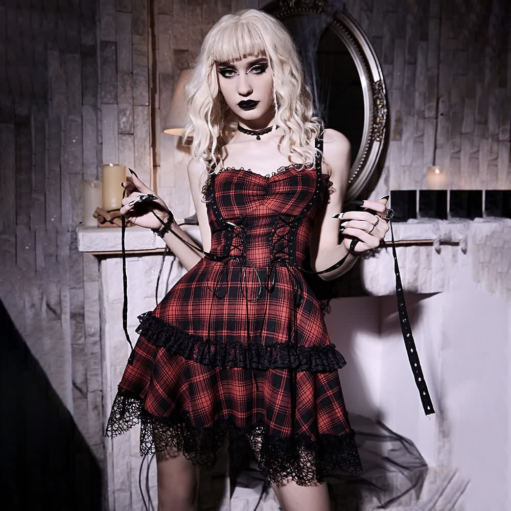 Red Plaid Gothic Punk Tiered Mini Dress