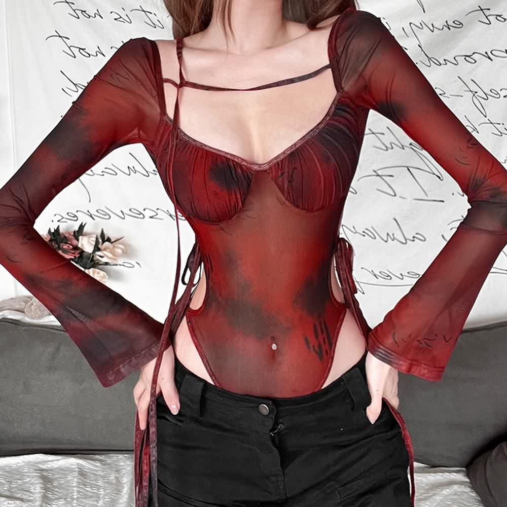 Red Tie Dye Square Neck Cut Out Long Sleeve Bodysuit