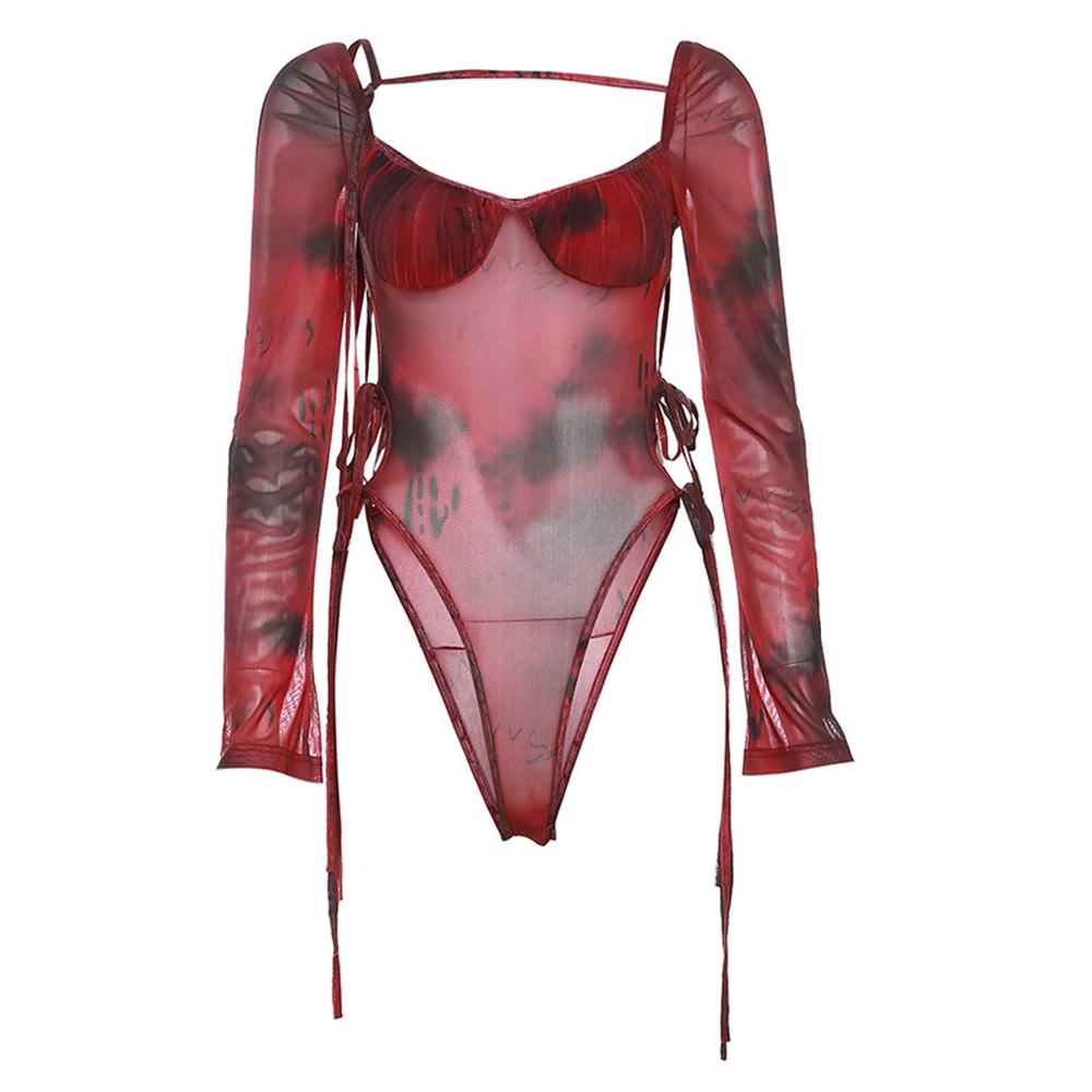 Red Tie Dye Square Neck Cut Out Long Sleeve Bodysuit