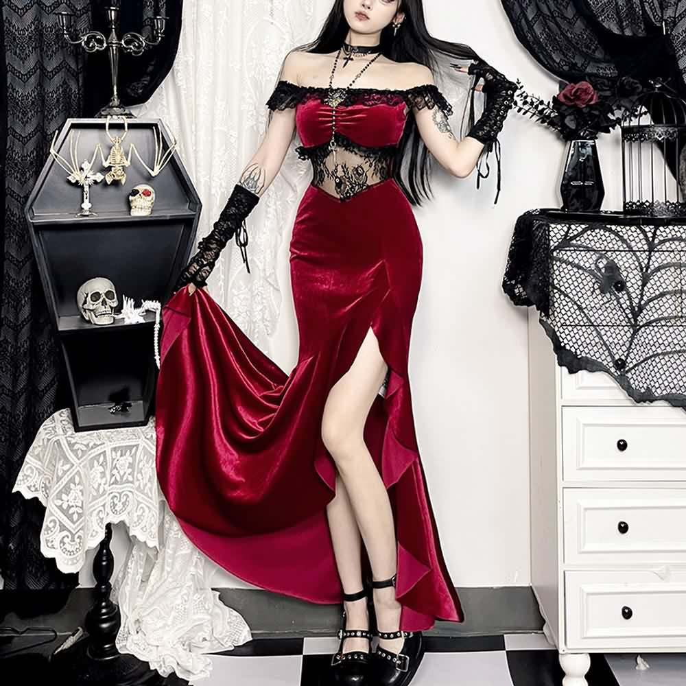 Red Velvet Cold Shoulder Slit Maxi Dress