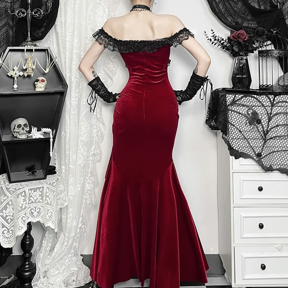 Red Velvet Cold Shoulder Slit Maxi Dress