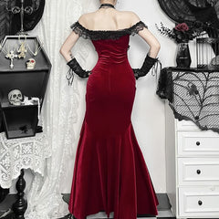 Red Velvet Cold Shoulder Slit Maxi Dress