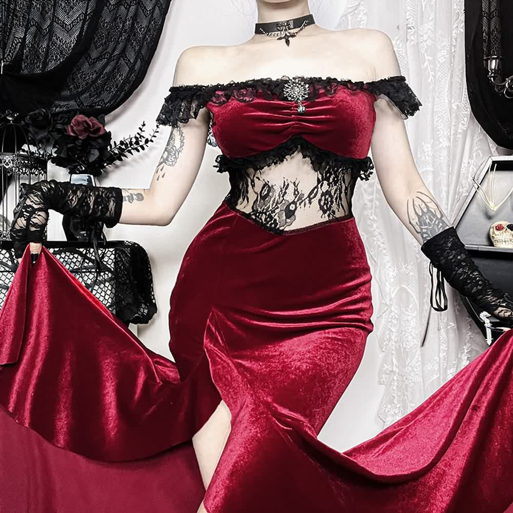 Red Velvet Cold Shoulder Slit Maxi Dress