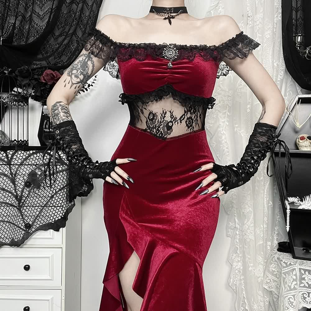 Red Velvet Cold Shoulder Slit Maxi Dress