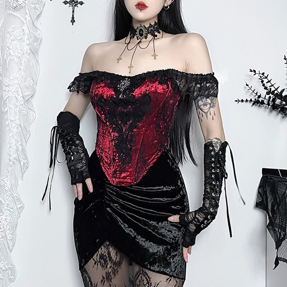 Red Victorian Gothic Lace Velvet Crop Top