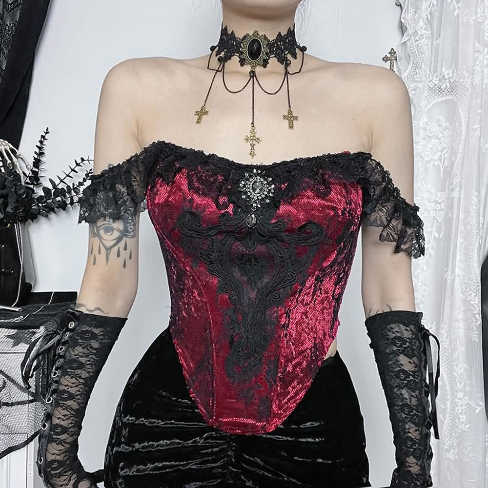 Red Victorian Gothic Lace Velvet Crop Top