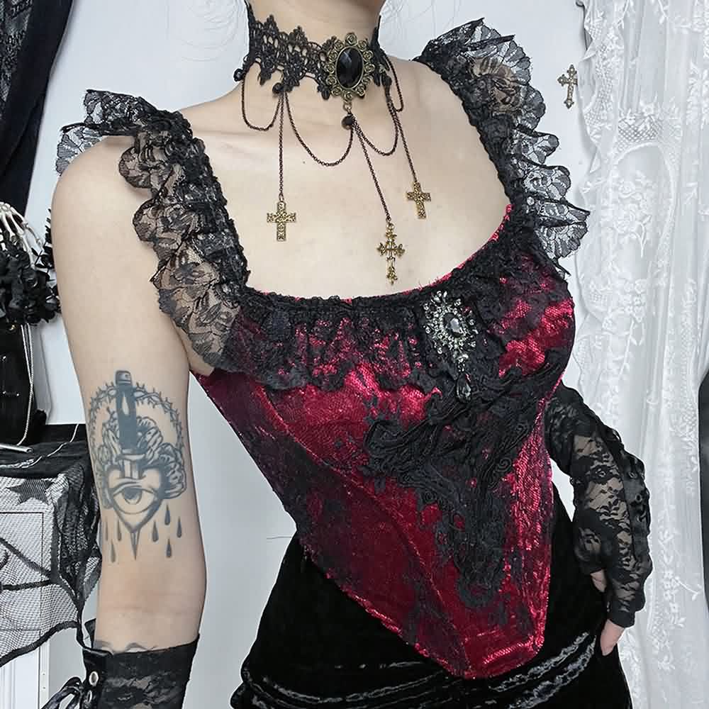 Red Victorian Gothic Lace Velvet Crop Top