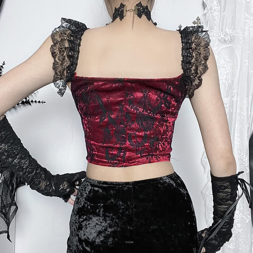 Red Victorian Gothic Lace Velvet Crop Top