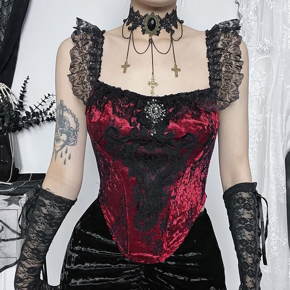 Red Victorian Gothic Lace Velvet Crop Top