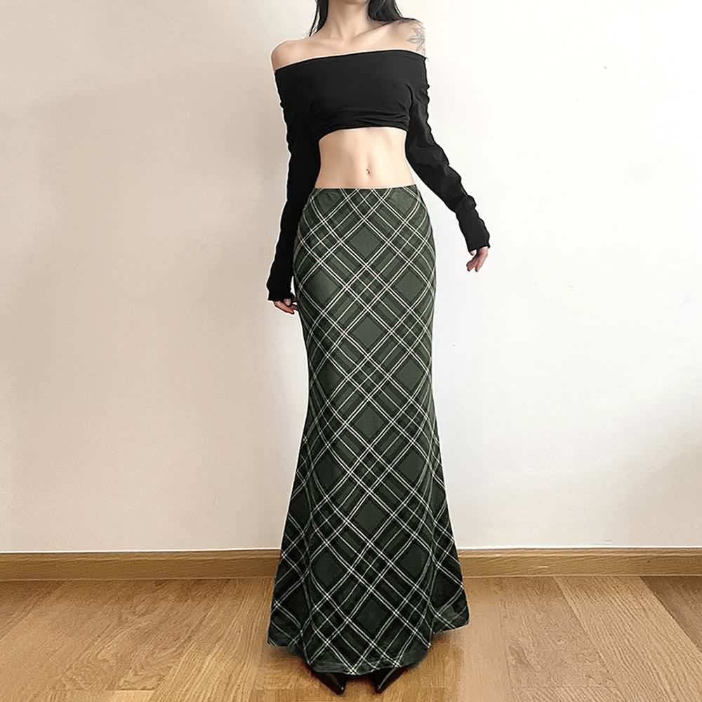 Retro Plaid Low Waist Maxi Skirt