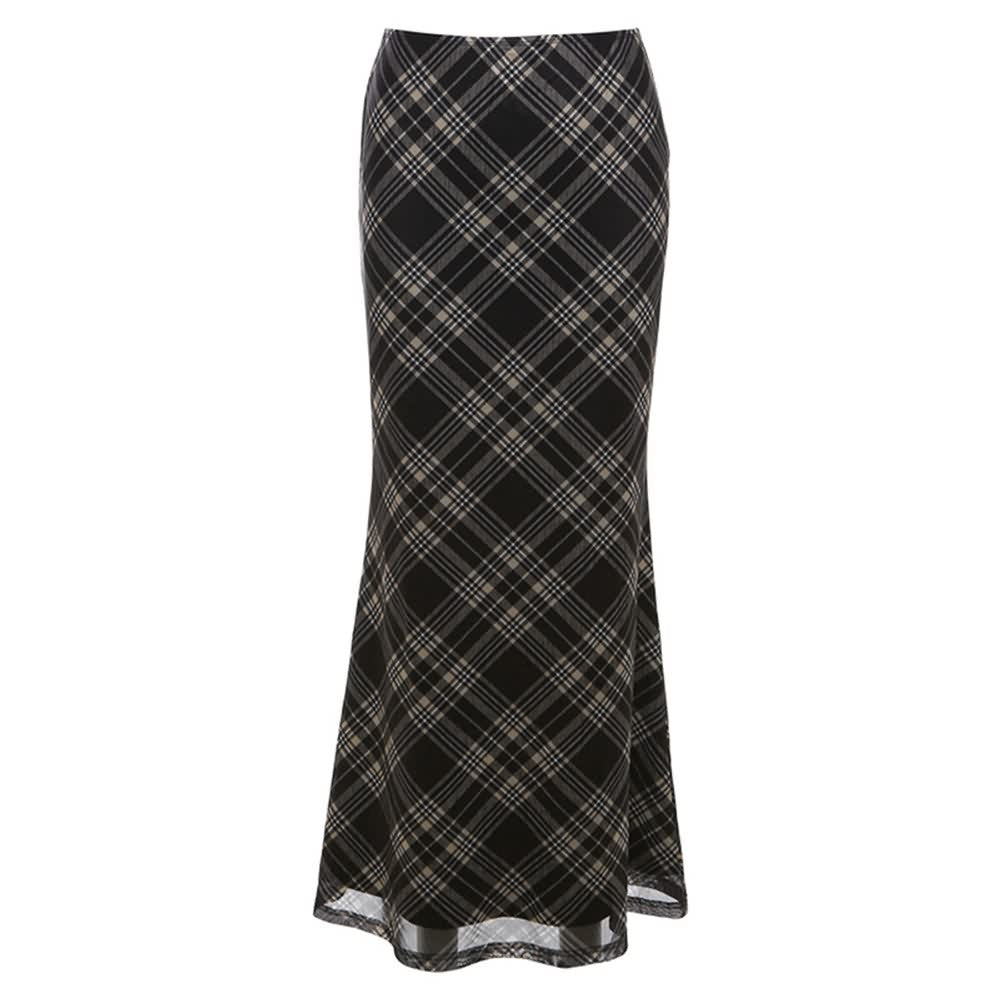 Retro Plaid Low Waist Maxi Skirt