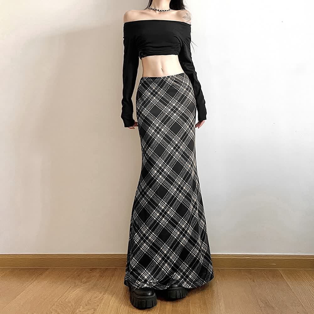 Retro Plaid Low Waist Maxi Skirt