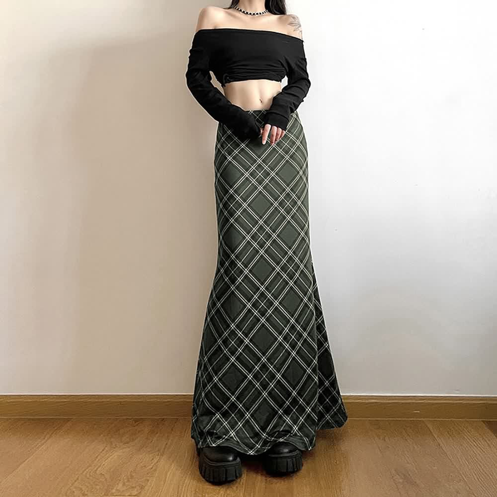 Retro Plaid Low Waist Maxi Skirt