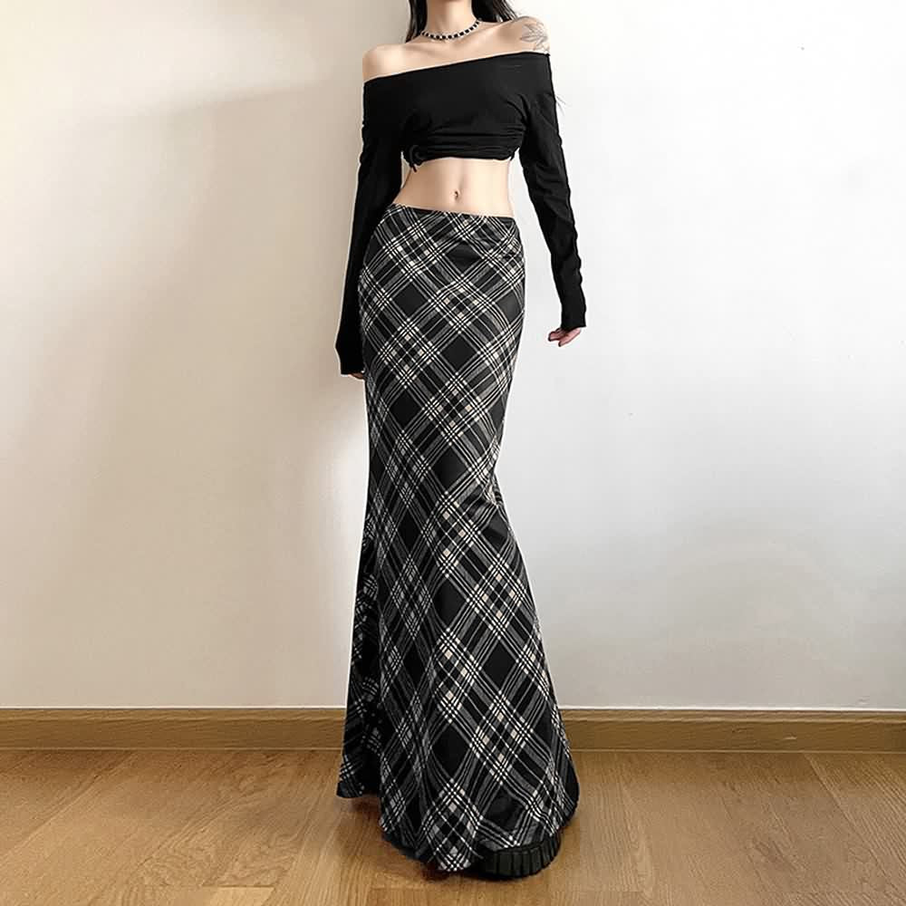 Retro Plaid Low Waist Maxi Skirt