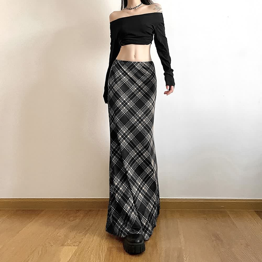 Retro Plaid Low Waist Maxi Skirt