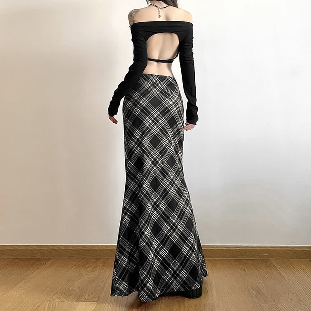 Retro Plaid Low Waist Maxi Skirt