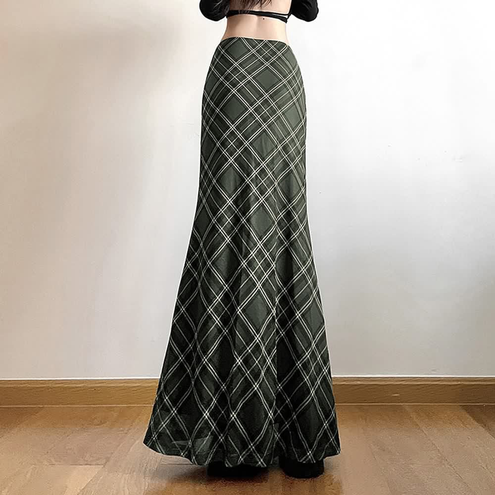 Retro Plaid Low Waist Maxi Skirt