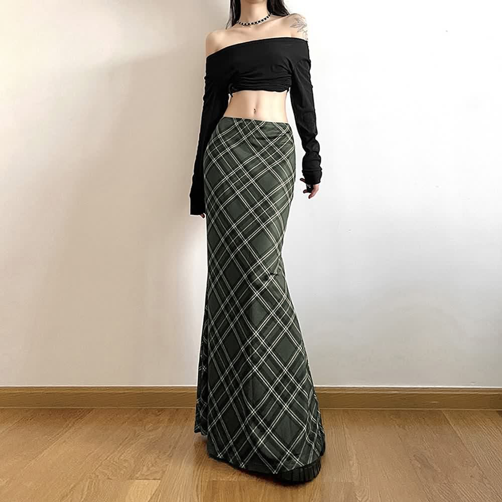 Retro Plaid Low Waist Maxi Skirt