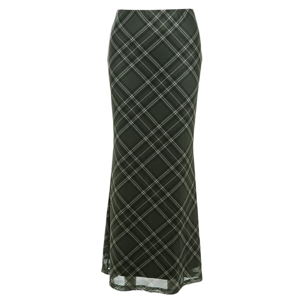 Retro Plaid Low Waist Maxi Skirt