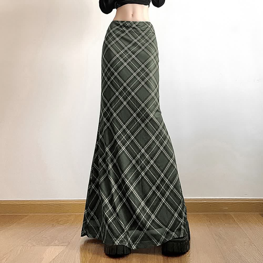 Retro Plaid Low Waist Maxi Skirt