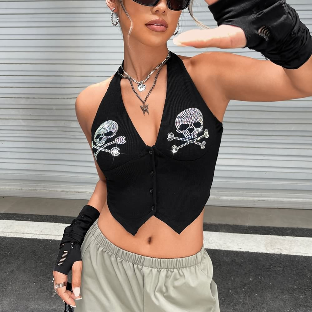 Rhinestone Gothic Skull Halter Crop Top