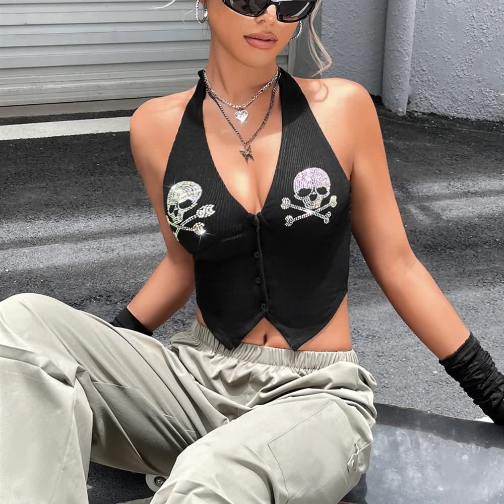 Rhinestone Gothic Skull Halter Crop Top