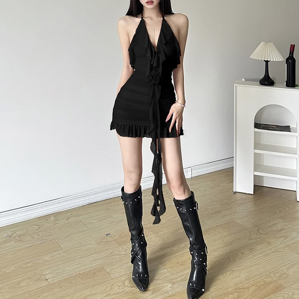 Rose Halter Ruffle Ruched Mini Dress
