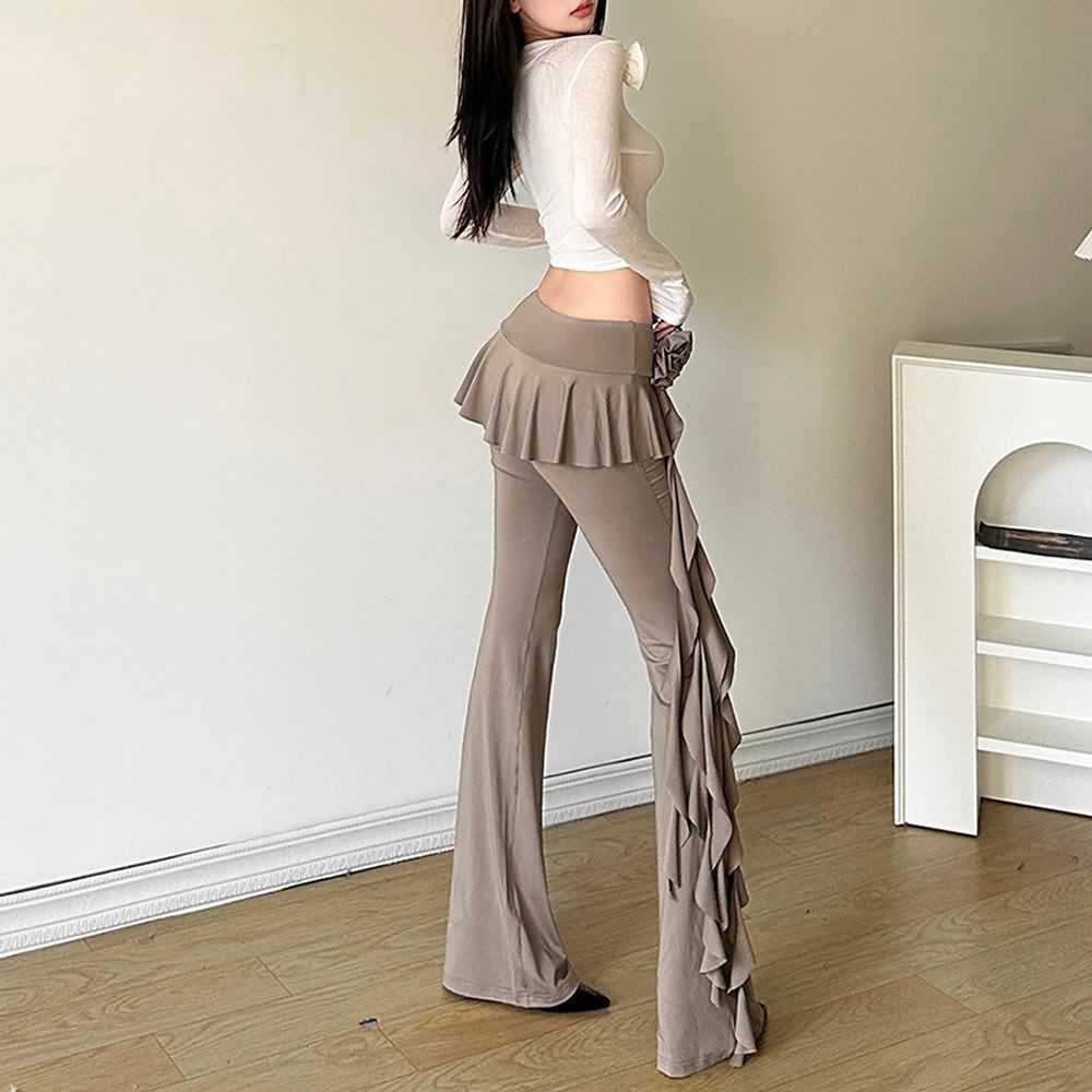 Ruffle Rose Flared Pants With Mini Skirt Overlay