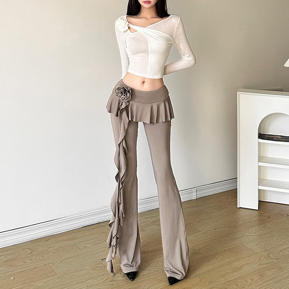 Ruffle Rose Flared Pants With Mini Skirt Overlay