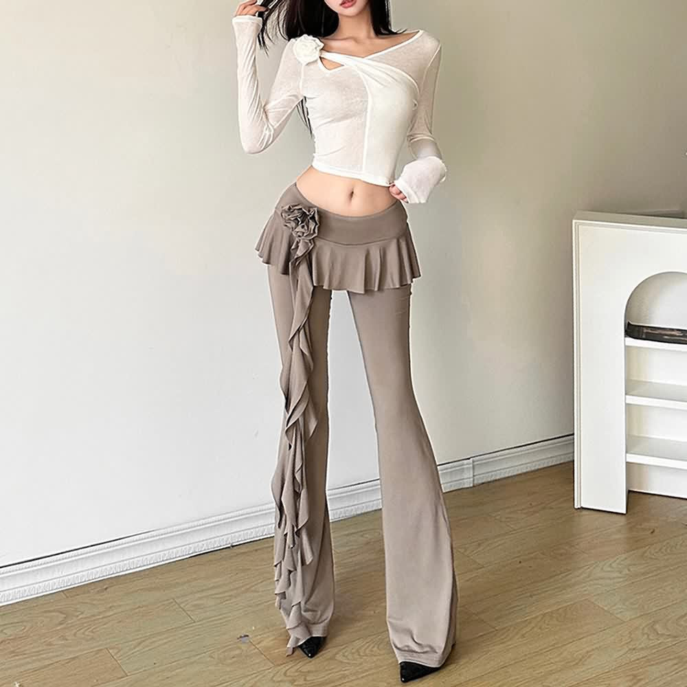 Ruffle Rose Flared Pants With Mini Skirt Overlay