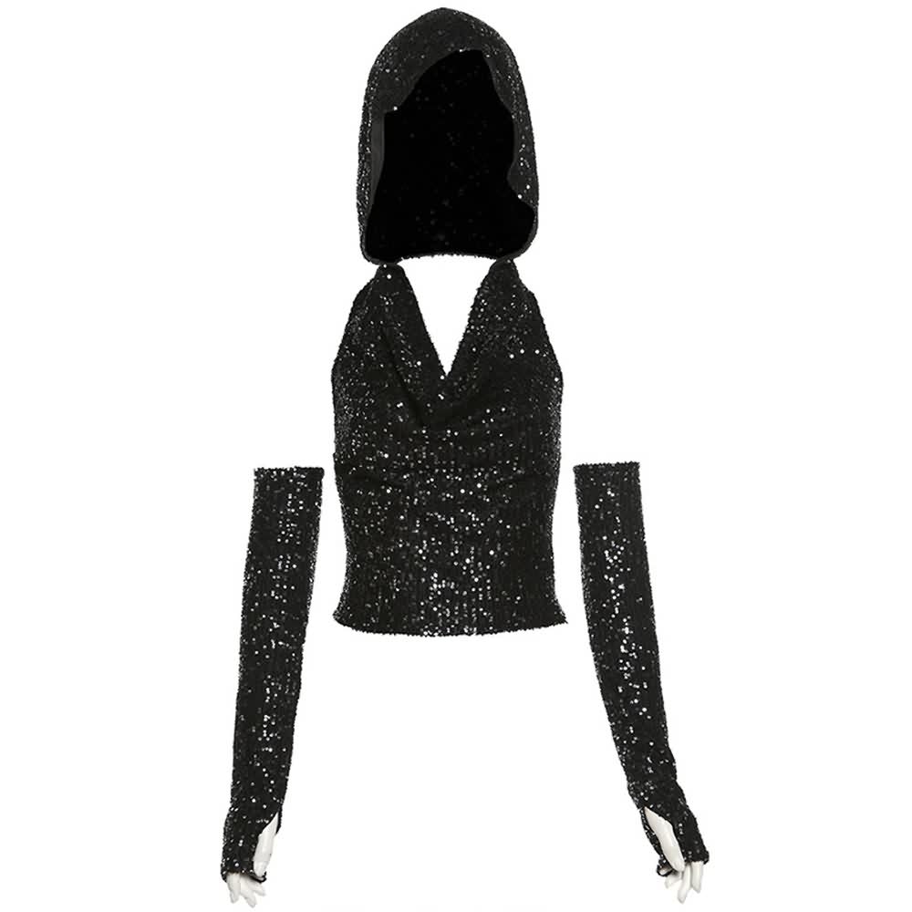 Sequin Hooded Open Back Crop Top