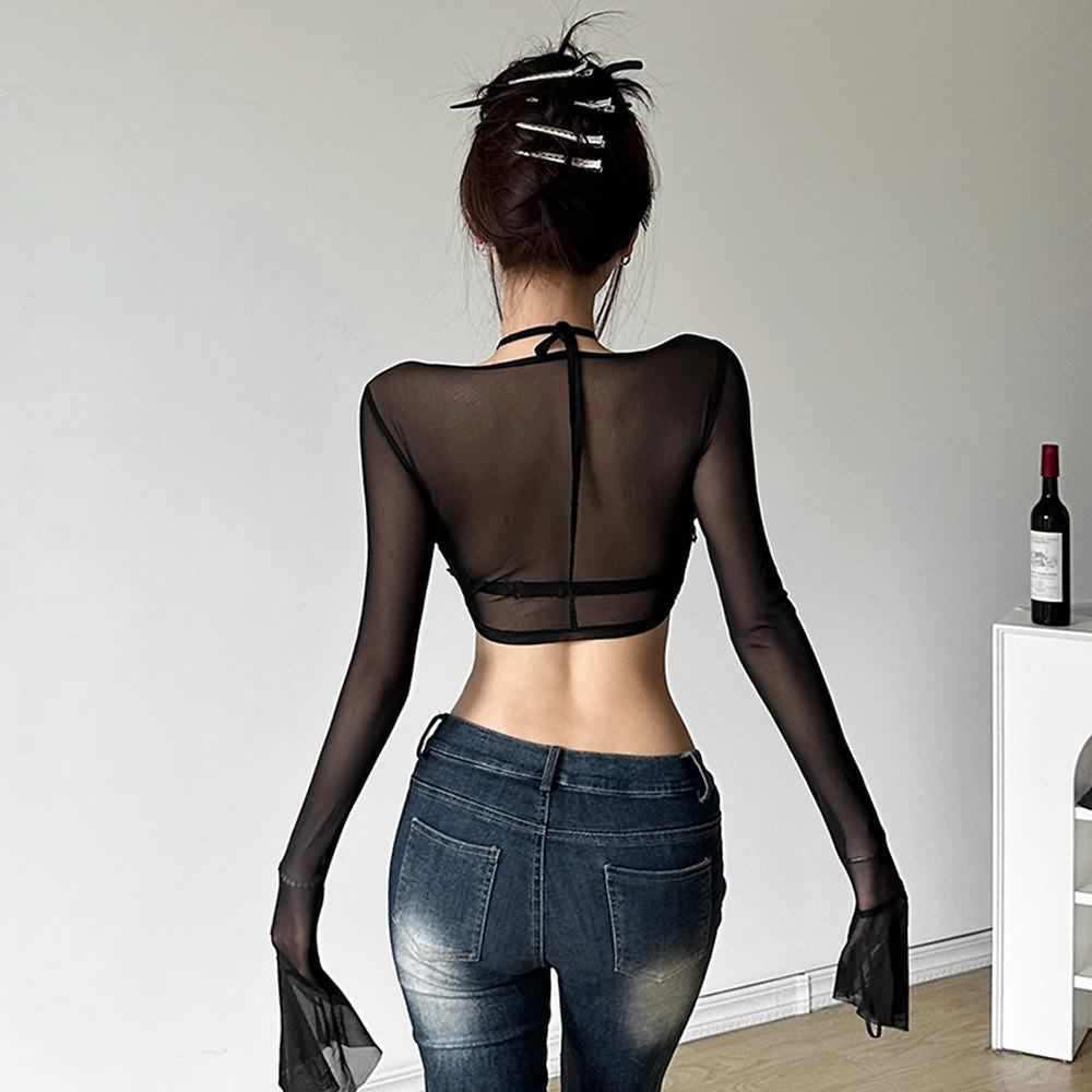 Sexy Goth Mesh Long Sleeve Crop Top