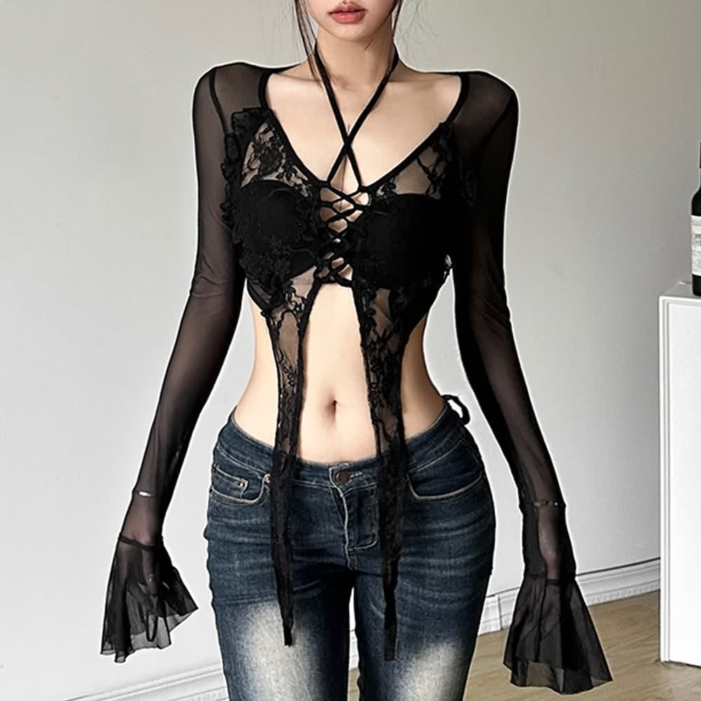 Sexy Goth Mesh Long Sleeve Crop Top