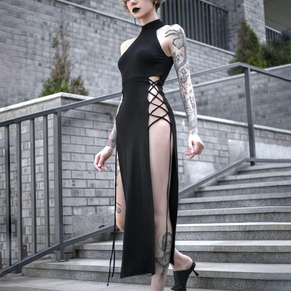 Sexy Gothic Halter High Slit Dress