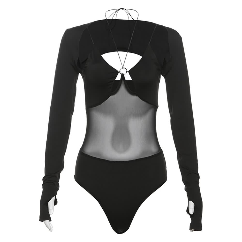 Sheer Mesh Cut Out Long Sleeve Bodysuit