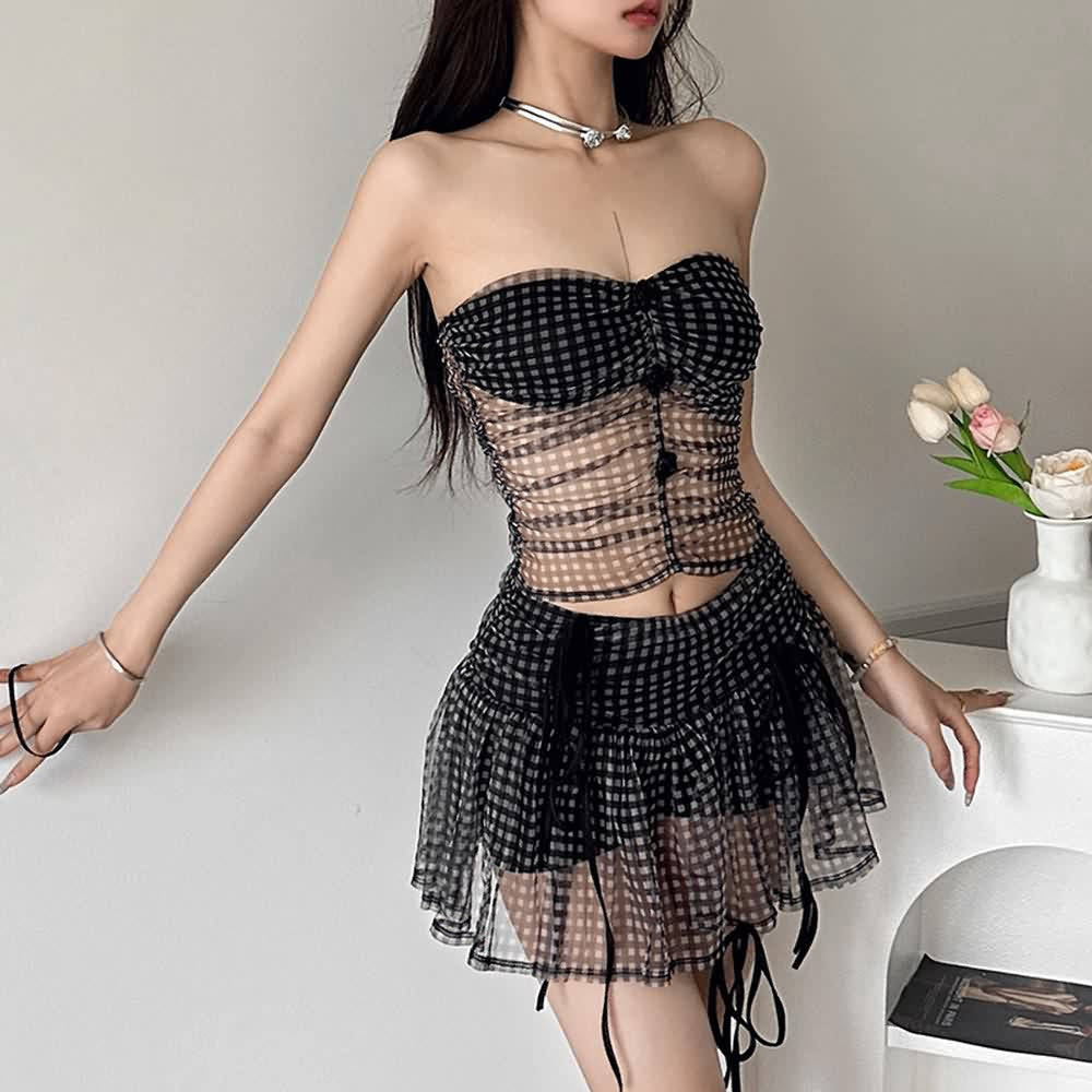 Sheer Mesh Tube Top And Mini Skirt Set