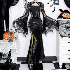 Shiny Gothic Lace Maxi Dress And Shrug Top