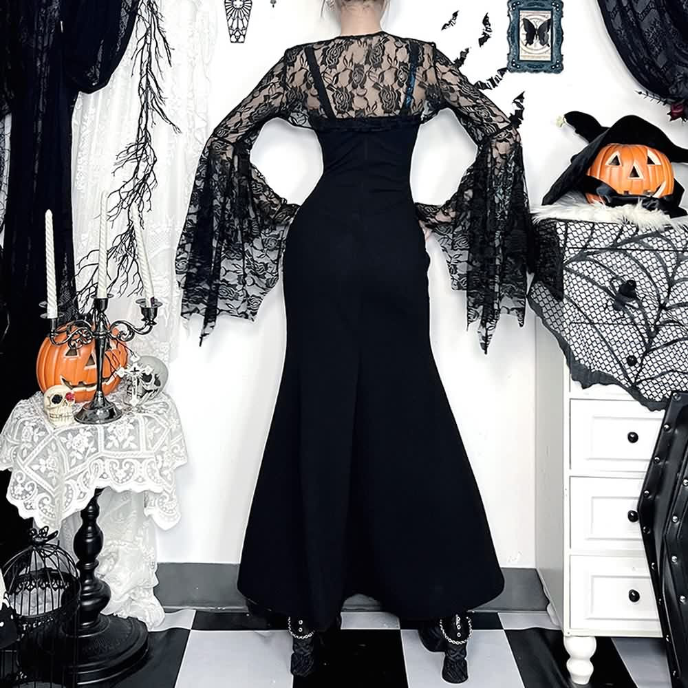 Shiny Gothic Lace Maxi Dress And Shrug Top