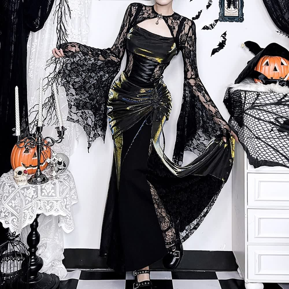 Shiny Gothic Lace Maxi Dress And Shrug Top