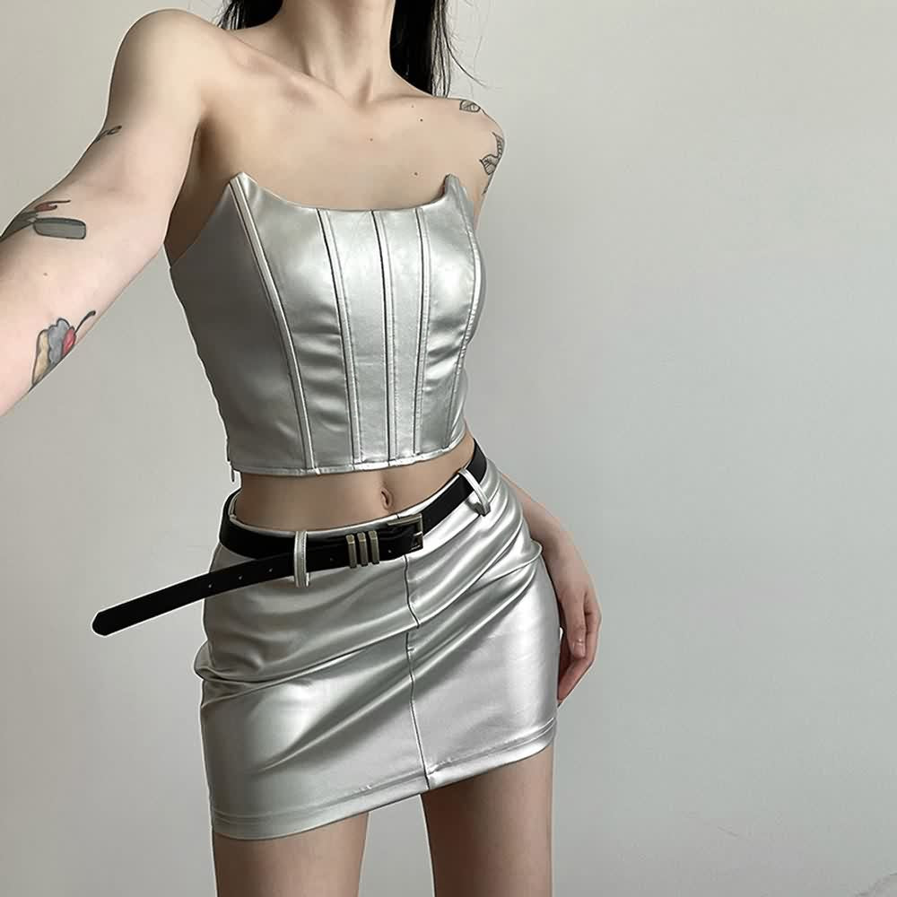 Silver Leather Tube Top And Mini Skirt Set