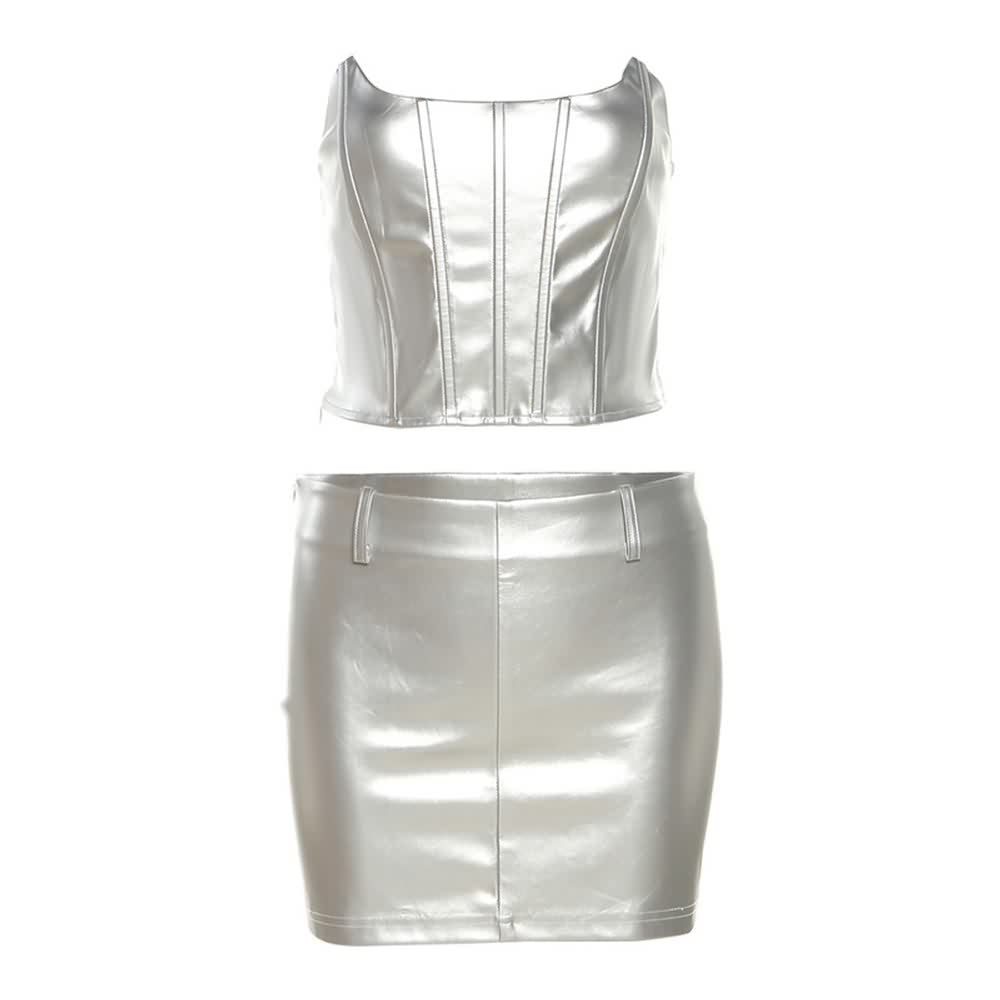 Silver Leather Tube Top And Mini Skirt Set