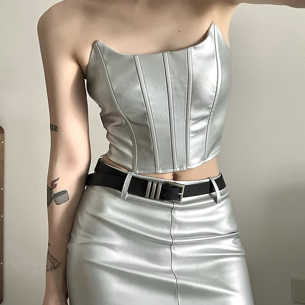 Silver Leather Tube Top And Mini Skirt Set