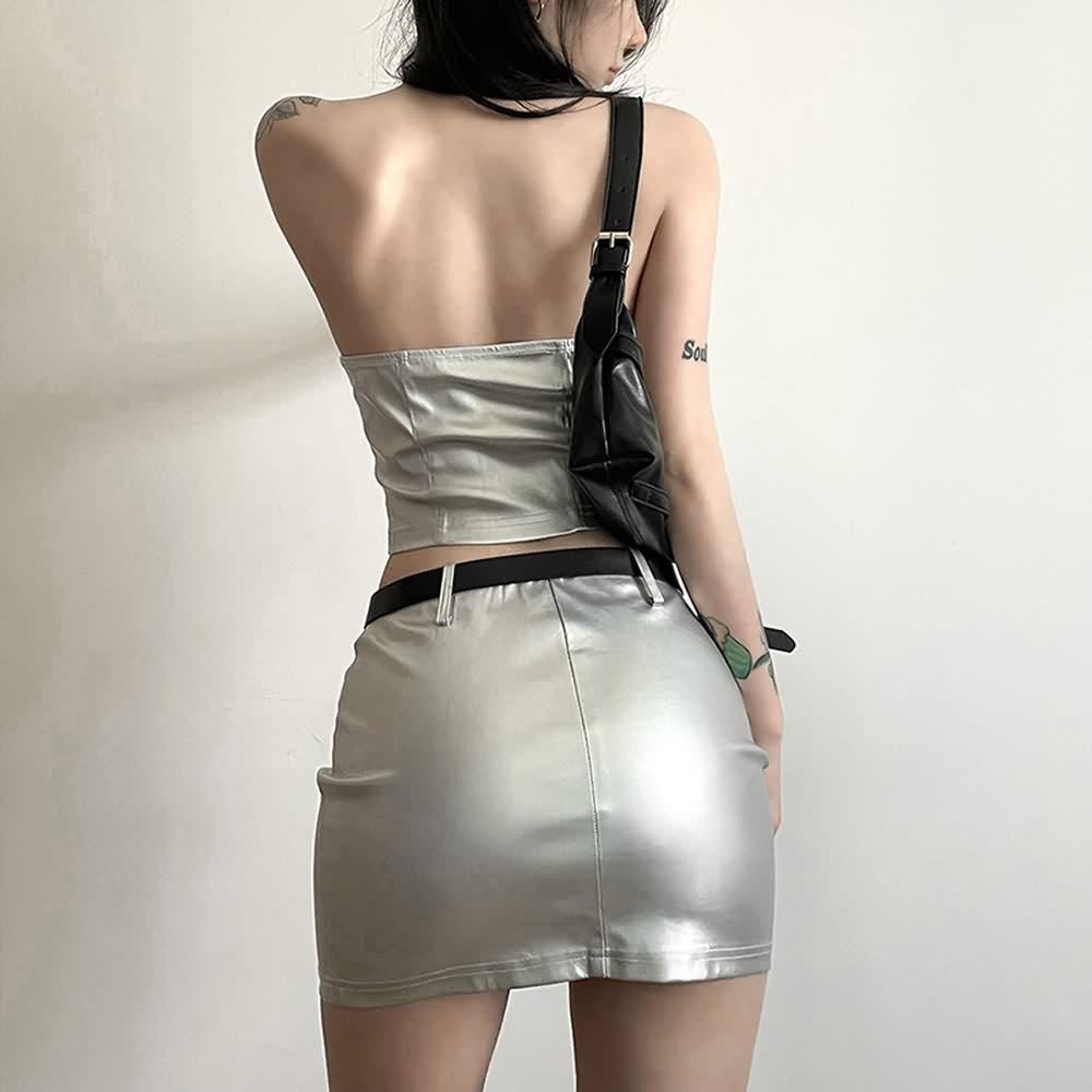 Silver Leather Tube Top And Mini Skirt Set